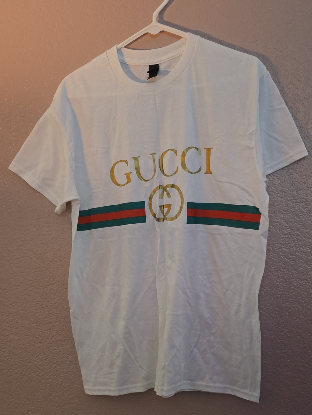 Gildan White Short-Sleeve Tee with Gold Logo and Green-Red Stripes